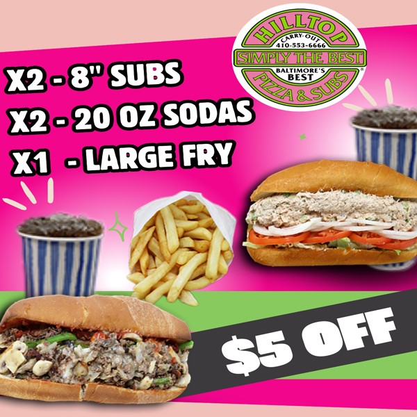 $5 Off Any 2-8" Subs, 1- FF and 2-20 Oz